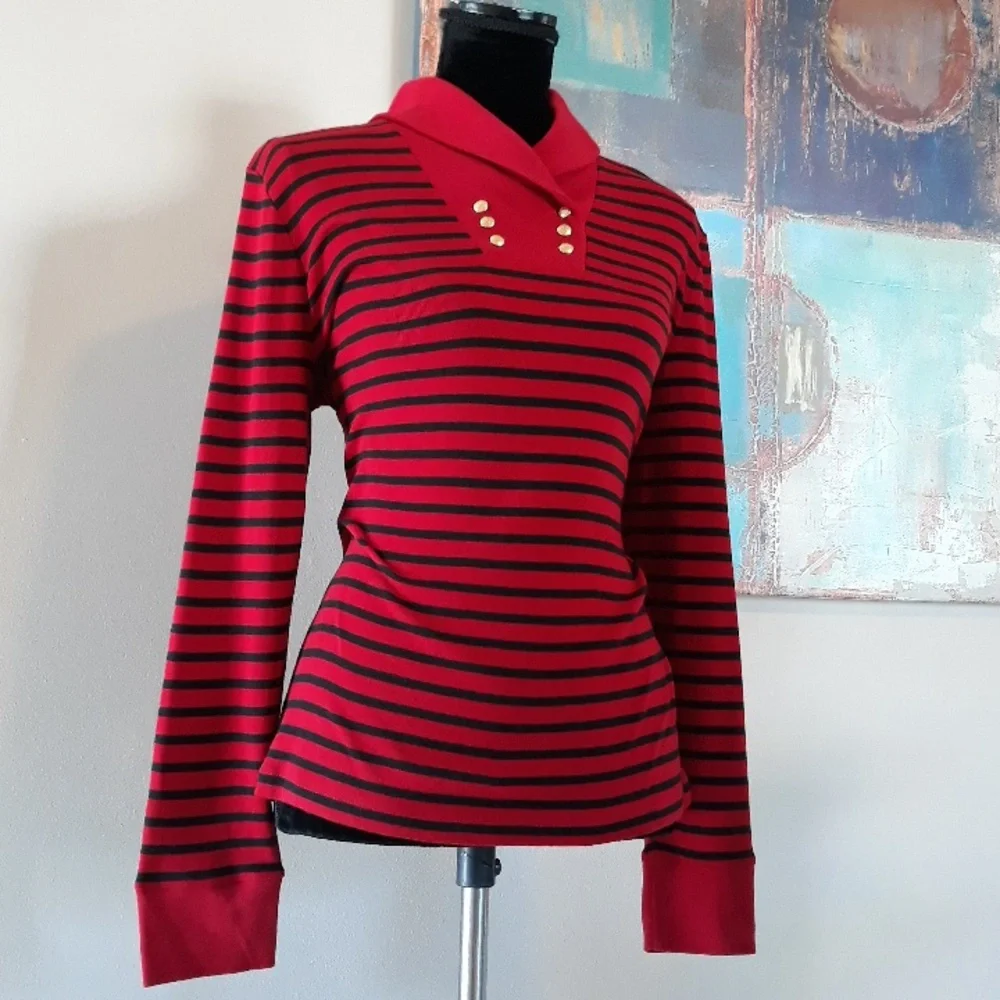 Chaps by Ralph Lauren Highland Red & Black Striped Shawl Collar Top Size L / NWT - Picture 1 of 14